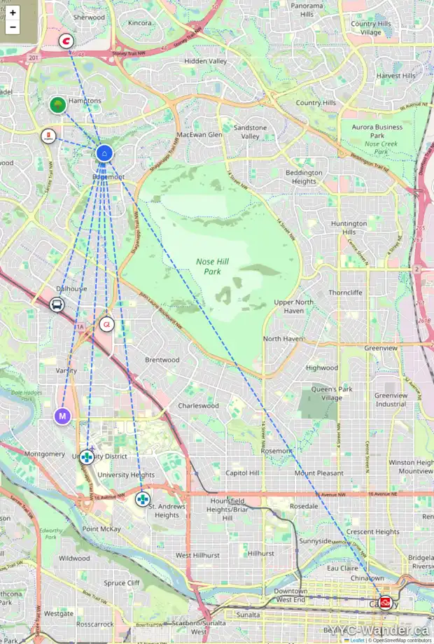 Daily accessibility map for 12 EDGEVALLEY GD NW, Calgary showing nearby schools, grocery stores, parks, LRT stations and nearby amenities