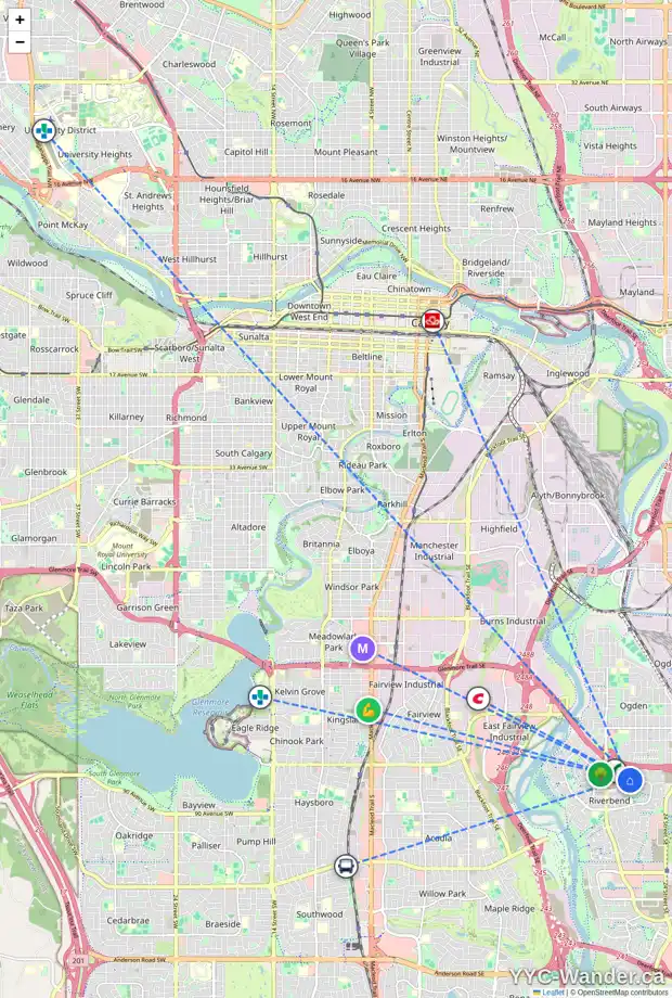 Daily accessibility map for 15 RIVERCREST CI SE, Calgary showing nearby schools, grocery stores, parks, LRT stations and nearby amenities