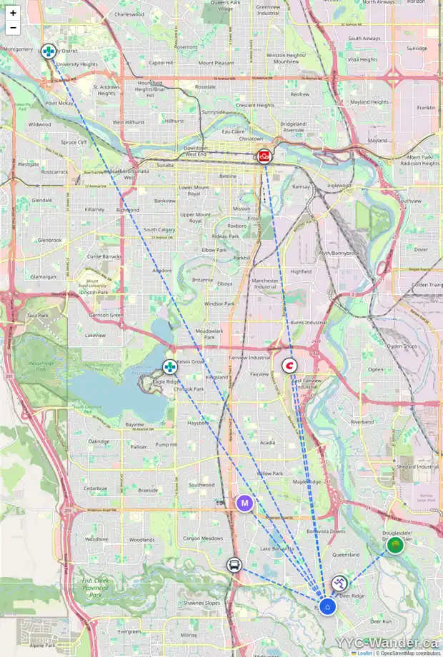Daily accessibility map for 140 PARKLAND HL SE, Calgary showing nearby schools, grocery stores, parks, LRT stations and nearby amenities