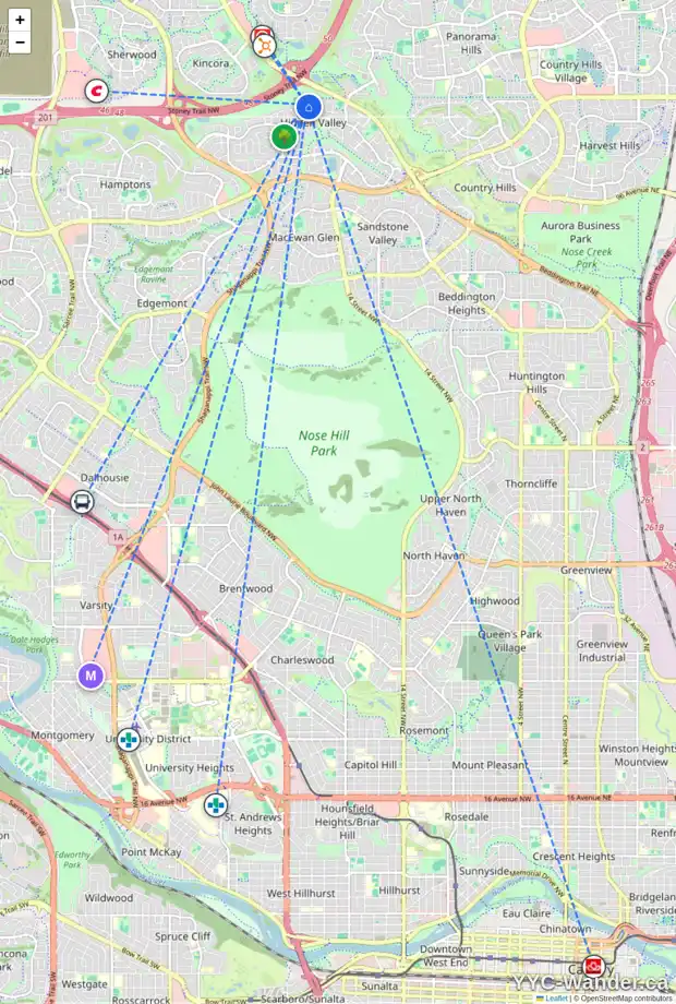 Daily accessibility map for 187 HIDDEN SPRING GR NW, Calgary showing nearby schools, grocery stores, parks, LRT stations and nearby amenities