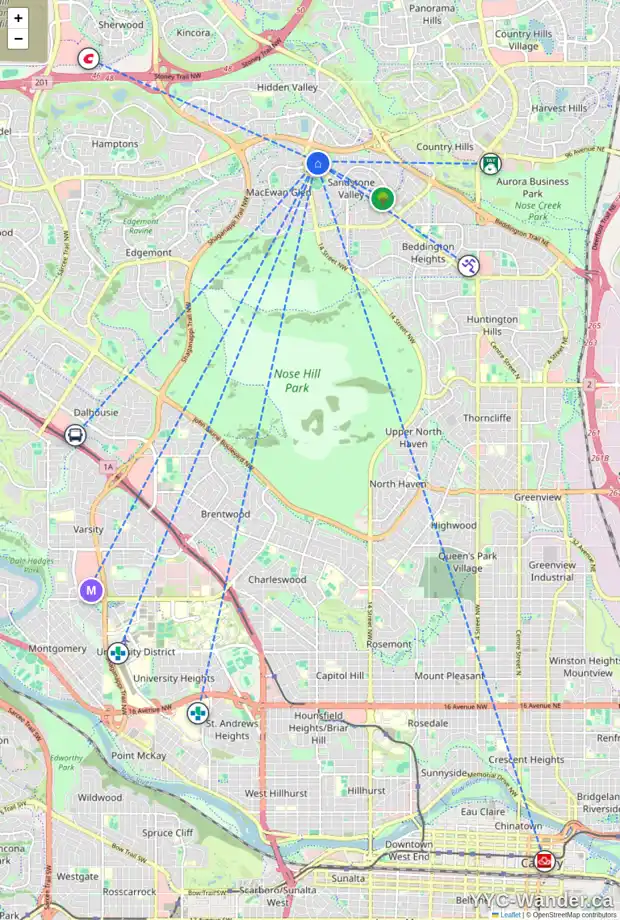 Daily accessibility map for 12 388 SANDARAC DR NW, Calgary showing nearby schools, grocery stores, parks, LRT stations and nearby amenities