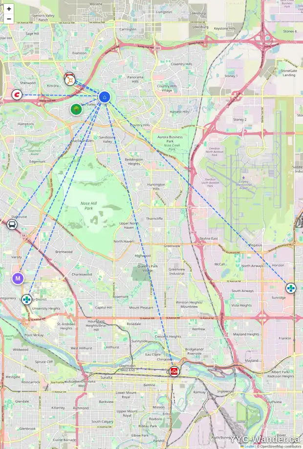 Daily accessibility map for 63 HIDDEN CREEK GR NW, Calgary showing nearby schools, grocery stores, parks, LRT stations and nearby amenities