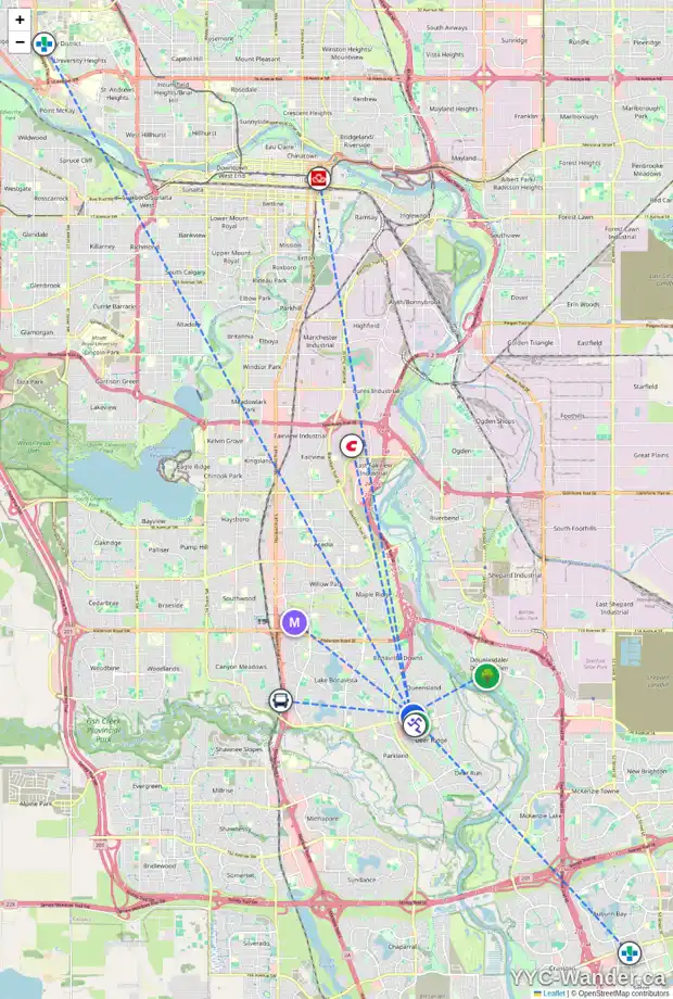 Daily accessibility map for 251 QUEENSLAND RD SE, Calgary showing nearby schools, grocery stores, parks, LRT stations and nearby amenities