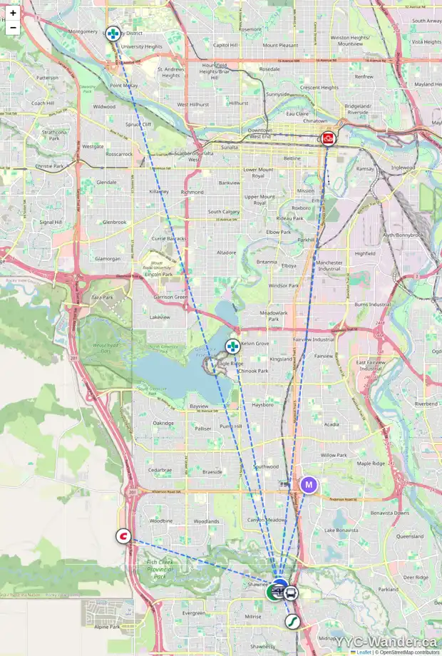 Daily accessibility map for 41 SHAWNEE RI SW, Calgary showing nearby schools, grocery stores, parks, LRT stations and nearby amenities