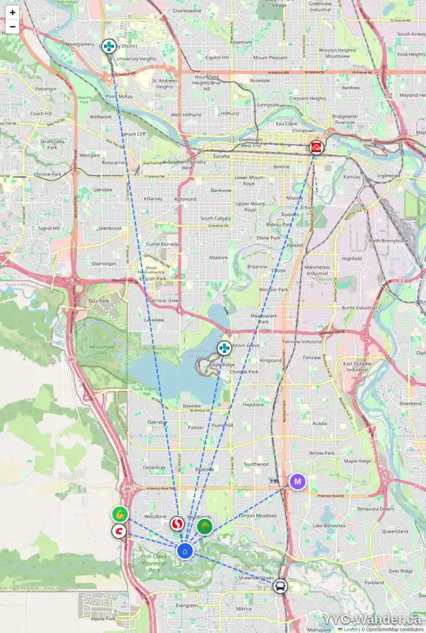 Daily accessibility map for 10 275 WOODRIDGE DR SW, Calgary showing nearby schools, grocery stores, parks, LRT stations and nearby amenities