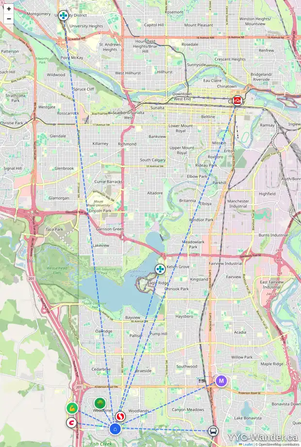 Daily accessibility map for 216 WOODFIELD PL SW, Calgary showing nearby schools, grocery stores, parks, LRT stations and nearby amenities