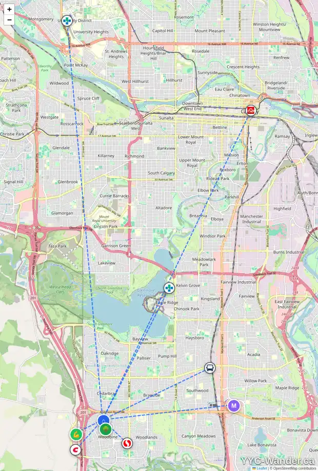 Daily accessibility map for 36 WOODBROOK PL SW, Calgary showing nearby schools, grocery stores, parks, LRT stations and nearby amenities