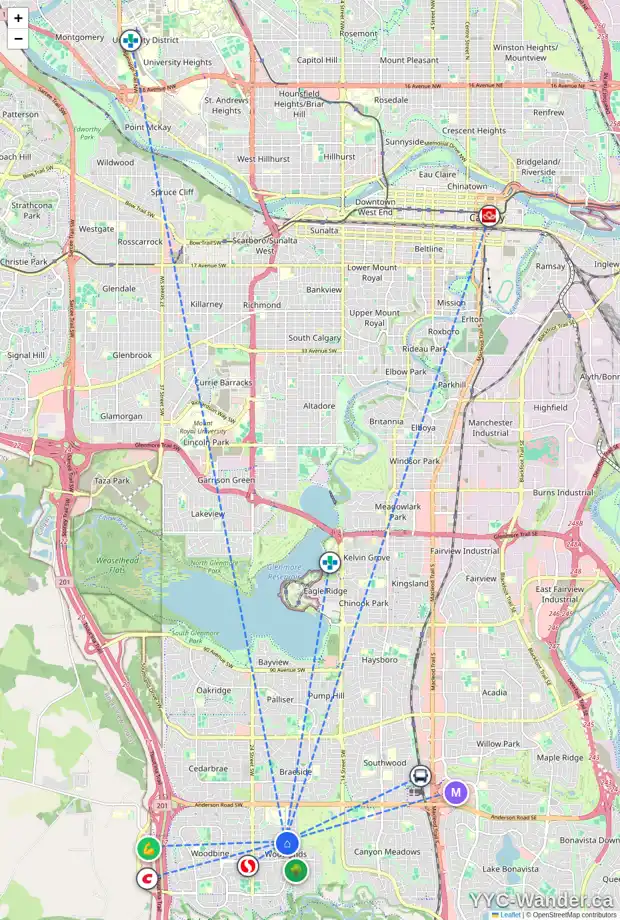 Daily accessibility map for 12 WOODSTOCK WY SW, Calgary showing nearby schools, grocery stores, parks, LRT stations and nearby amenities