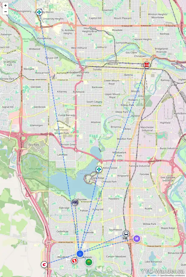 Daily accessibility map for 171 WOODPARK CI SW, Calgary showing nearby schools, grocery stores, parks, LRT stations and nearby amenities