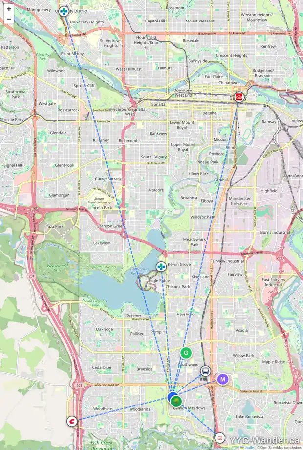 Daily accessibility map for 58 CANOVA RD SW, Calgary showing nearby schools, grocery stores, parks, LRT stations and nearby amenities