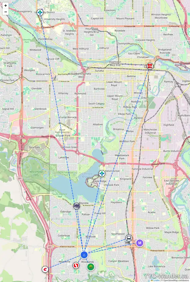 Daily accessibility map for 115 WOODPARK TC SW, Calgary showing nearby schools, grocery stores, parks, LRT stations and nearby amenities
