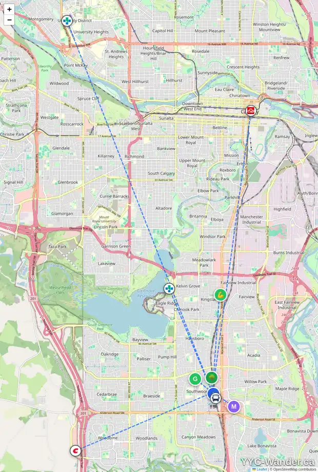 Daily accessibility map for 86 630 SABRINA RD SW, Calgary showing nearby schools, grocery stores, parks, LRT stations and nearby amenities