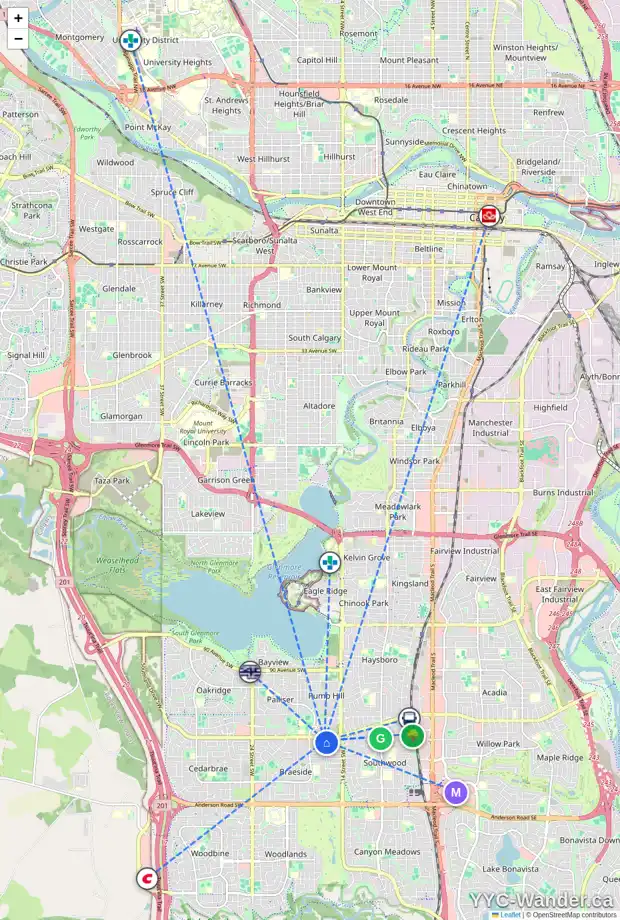 Daily accessibility map for 10411 BRADBURY DR SW, Calgary showing nearby schools, grocery stores, parks, LRT stations and nearby amenities