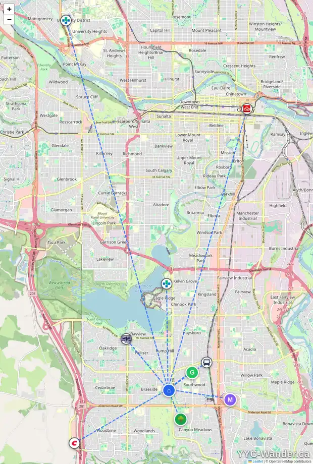 Daily accessibility map for 91 BRAZEAU CR SW, Calgary showing nearby schools, grocery stores, parks, LRT stations and nearby amenities