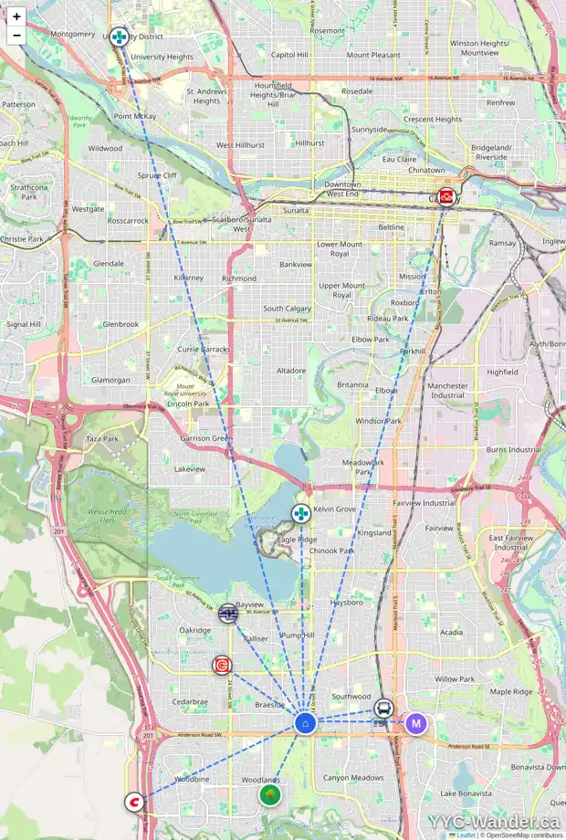 Daily accessibility map for 212 BRANIFF PL SW, Calgary showing nearby schools, grocery stores, parks, LRT stations and nearby amenities