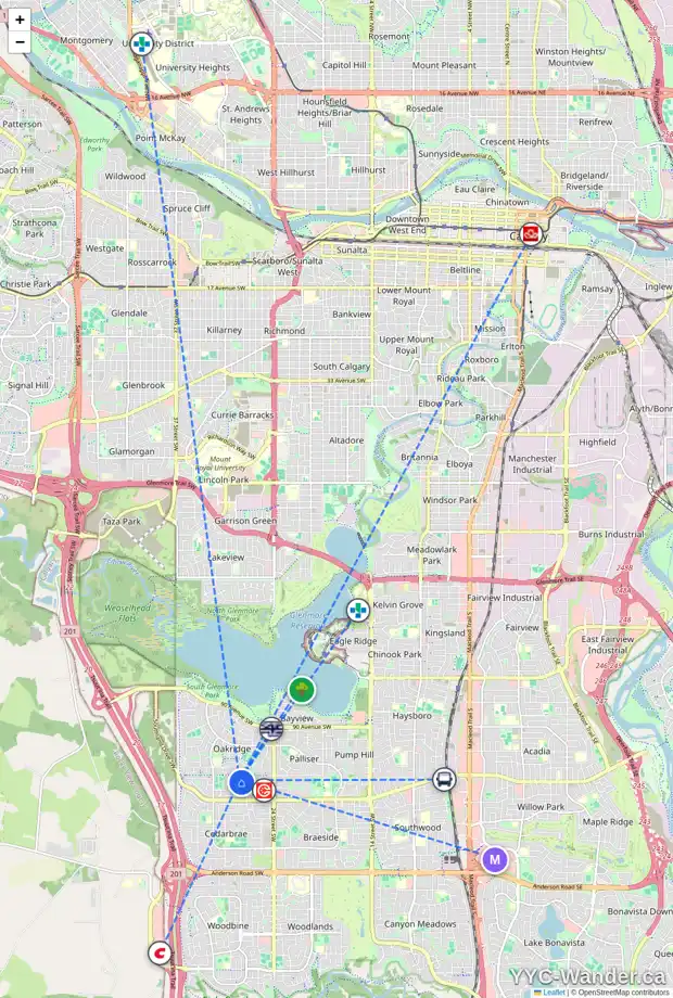 Daily accessibility map for 2822 OAKMOOR CR SW, Calgary showing nearby schools, grocery stores, parks, LRT stations and nearby amenities