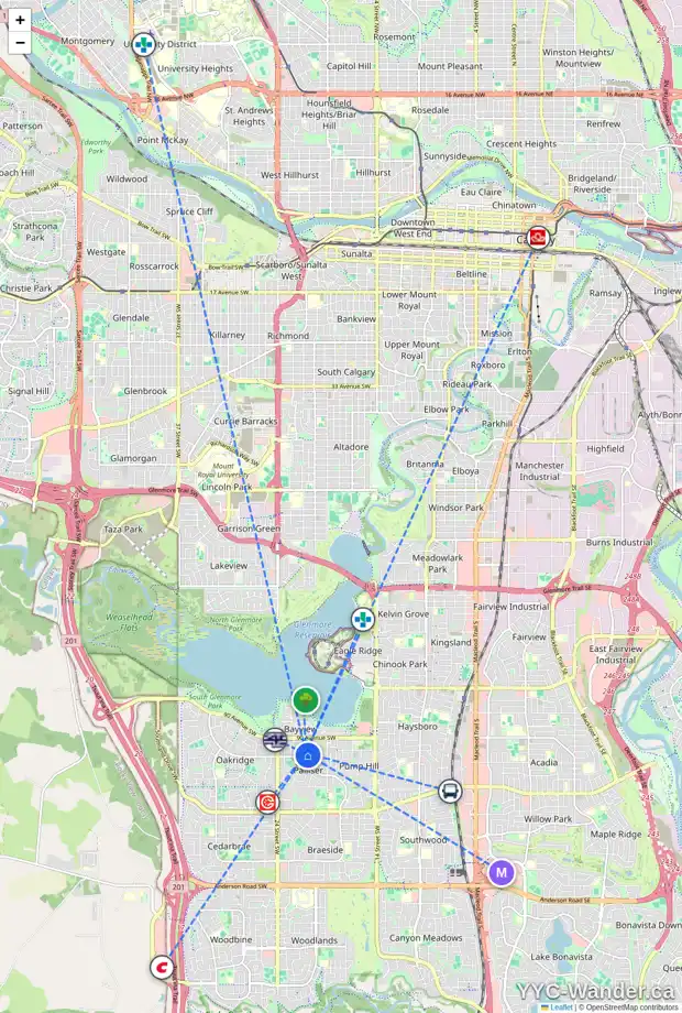 Daily accessibility map for 9419 PALISWOOD WY SW, Calgary showing nearby schools, grocery stores, parks, LRT stations and nearby amenities