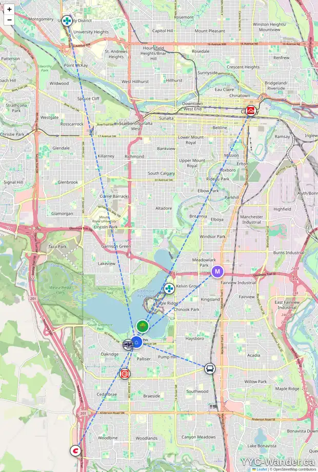 Daily accessibility map for 163 BAY VIEW DR SW, Calgary showing nearby schools, grocery stores, parks, LRT stations and nearby amenities
