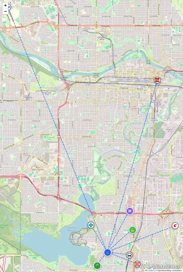 Daily accessibility map for 2 HAVERHILL RD SW, Calgary showing nearby schools, grocery stores, parks, LRT stations and nearby amenities