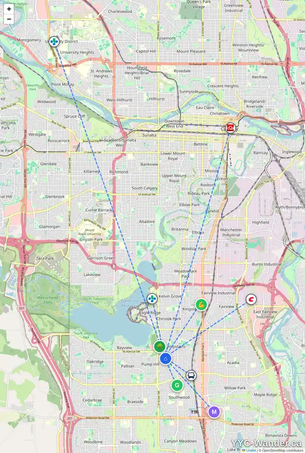 Daily accessibility map for 12 HOBART RD SW, Calgary showing nearby schools, grocery stores, parks, LRT stations and nearby amenities