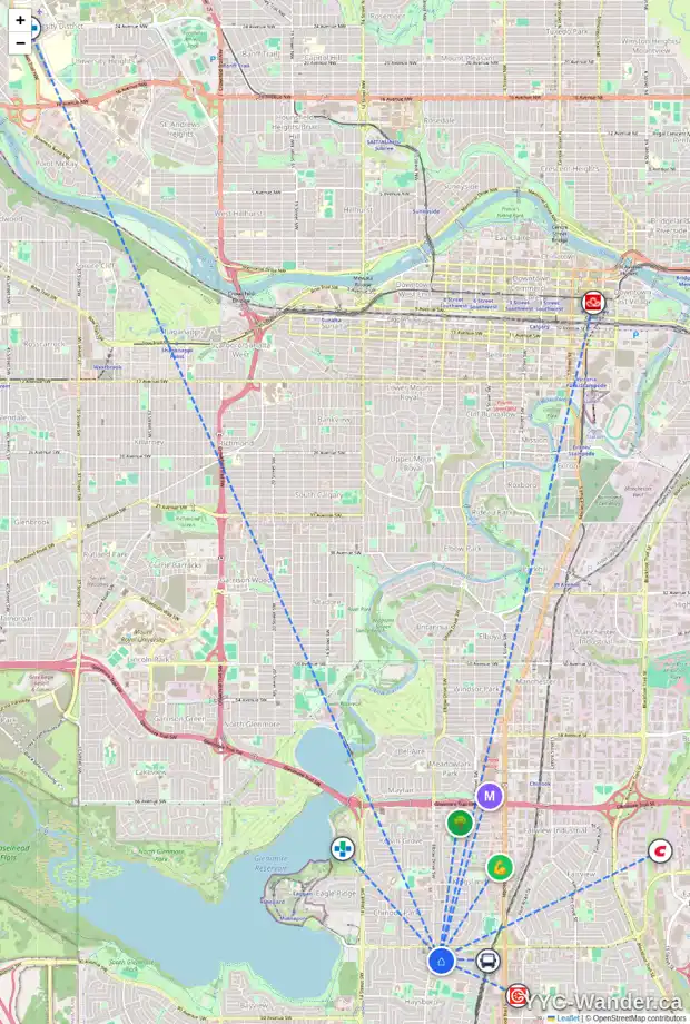 Daily accessibility map for 8427 7 ST SW, Calgary showing nearby schools, grocery stores, parks, LRT stations and nearby amenities