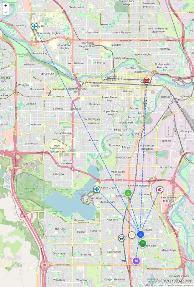 Daily accessibility map for 372 ALCOTT CR SE, Calgary showing nearby schools, grocery stores, parks, LRT stations and nearby amenities