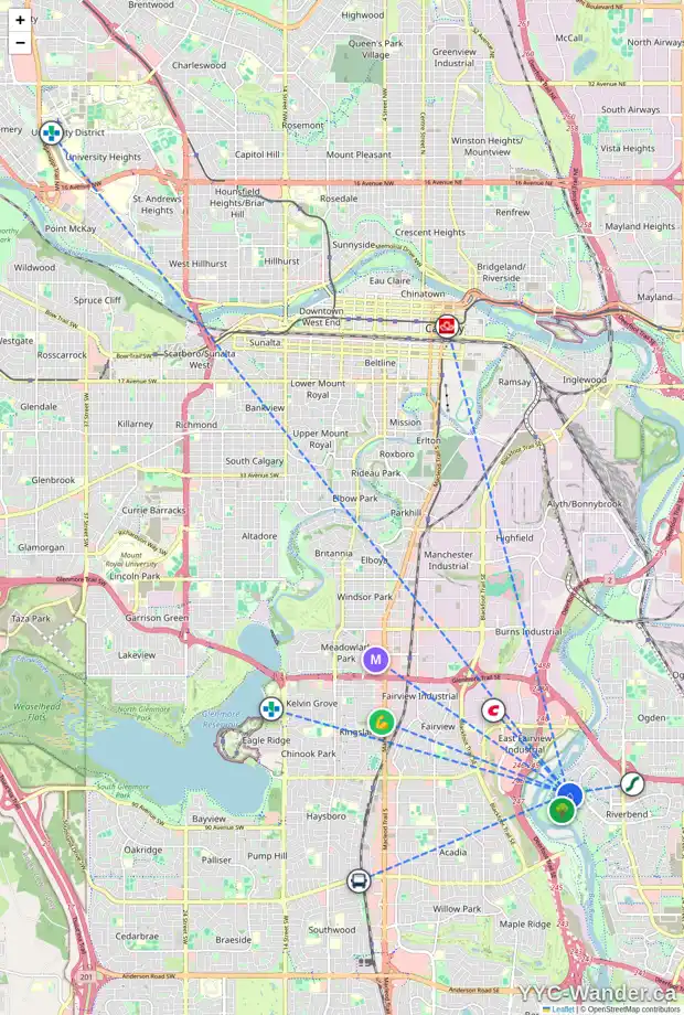 Daily accessibility map for 86 RIVERSIDE CL SE, Calgary showing nearby schools, grocery stores, parks, LRT stations and nearby amenities