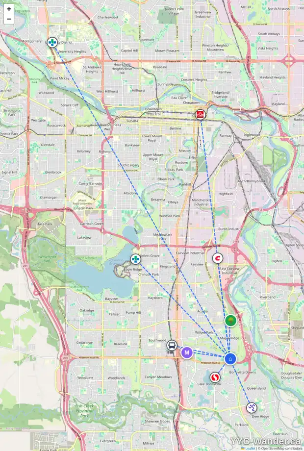 Daily accessibility map for 12 MAPLEGLADE CL SE, Calgary showing nearby schools, grocery stores, parks, LRT stations and nearby amenities