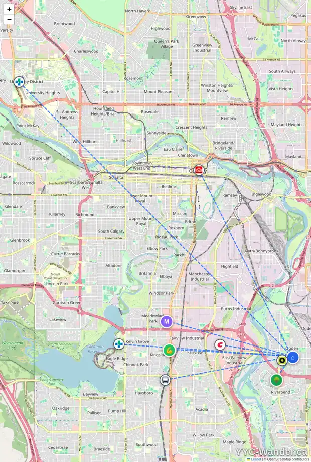 Daily accessibility map for 7431 21 ST SE, Calgary showing nearby schools, grocery stores, parks, LRT stations and nearby amenities