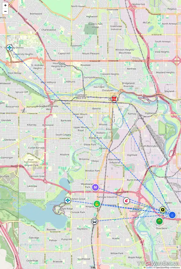 Daily accessibility map for 7839 22 ST SE, Calgary showing nearby schools, grocery stores, parks, LRT stations and nearby amenities