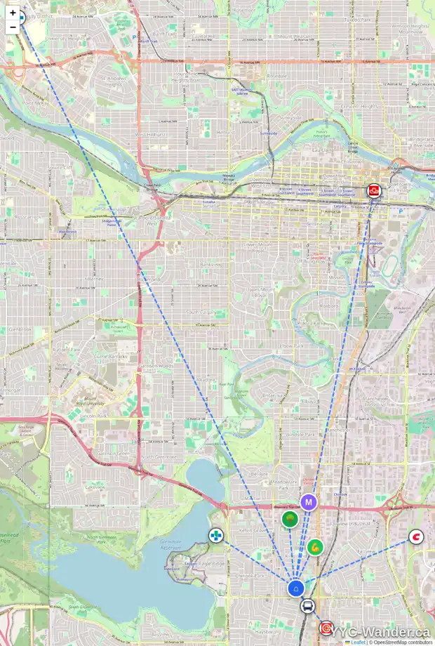 Daily accessibility map for 8216 5 ST SW, Calgary showing nearby schools, grocery stores, parks, LRT stations and nearby amenities