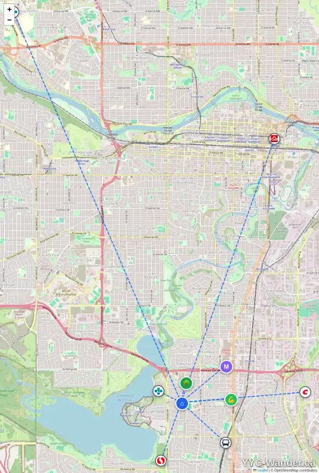 Daily accessibility map for 1227 73 AV SW, Calgary showing nearby schools, grocery stores, parks, LRT stations and nearby amenities
