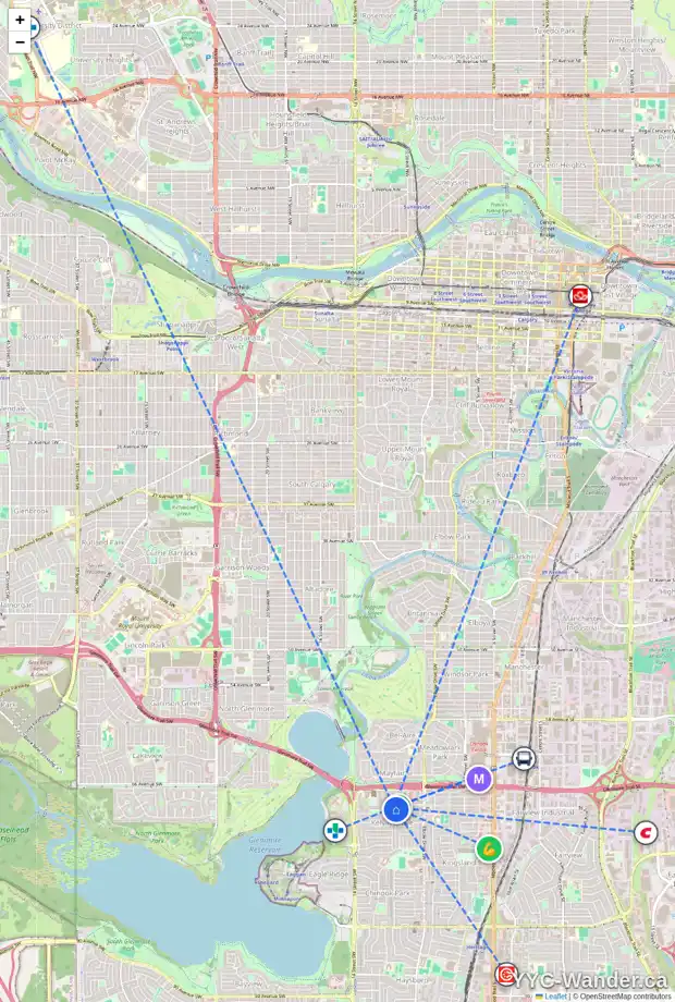 Daily accessibility map for 7008 KENOSEE PL SW, Calgary showing nearby schools, grocery stores, parks, LRT stations and nearby amenities