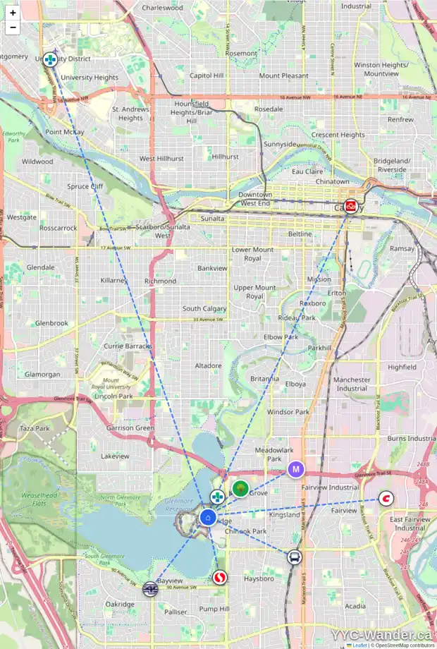 Daily accessibility map for 208 EAGLE RIDGE DR SW, Calgary showing nearby schools, grocery stores, parks, LRT stations and nearby amenities
