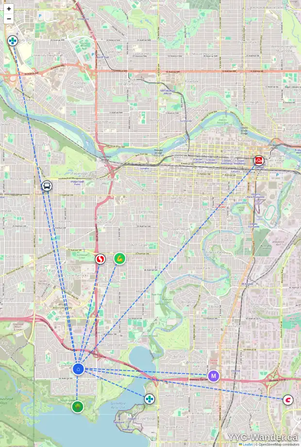 Daily accessibility map for 2960 LINDSAY DR SW, Calgary showing nearby schools, grocery stores, parks, LRT stations and nearby amenities