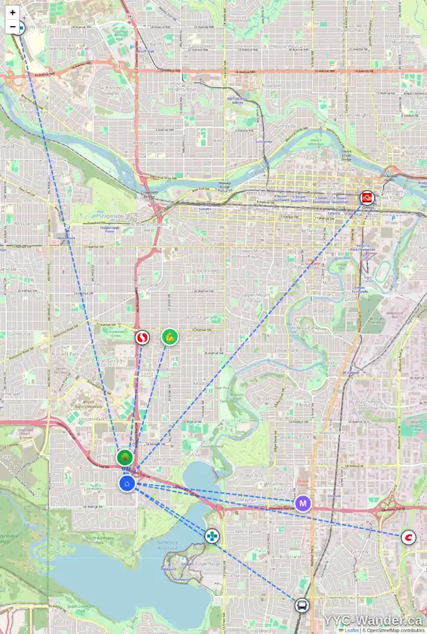 Daily accessibility map for 2639 LOUGHEED DR SW, Calgary showing nearby schools, grocery stores, parks, LRT stations and nearby amenities