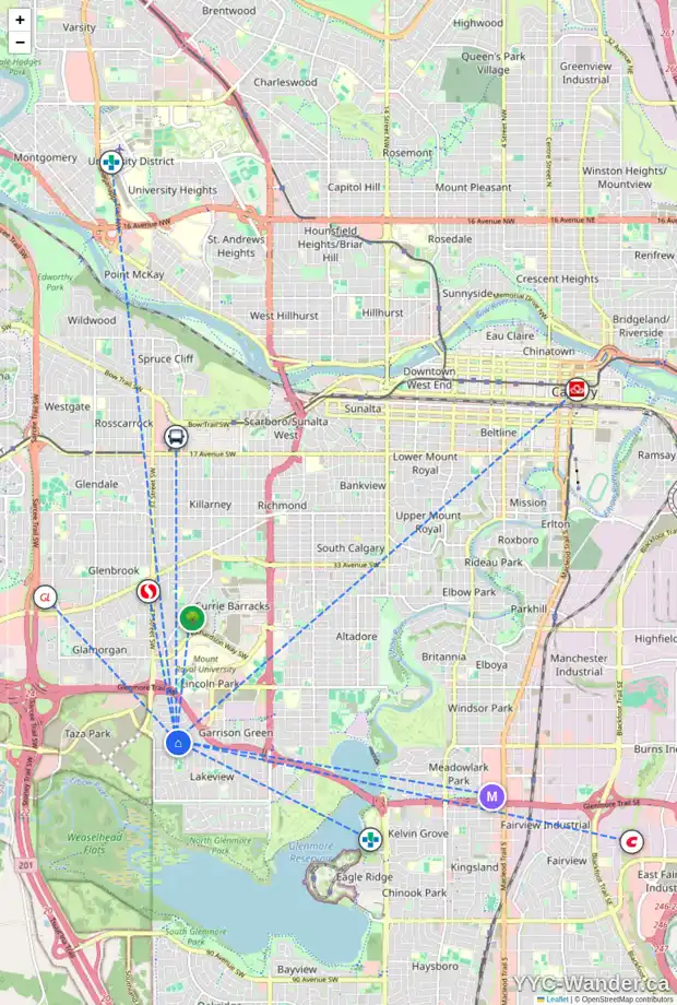 Daily accessibility map for 5844 LODGE CR SW, Calgary showing nearby schools, grocery stores, parks, LRT stations and nearby amenities