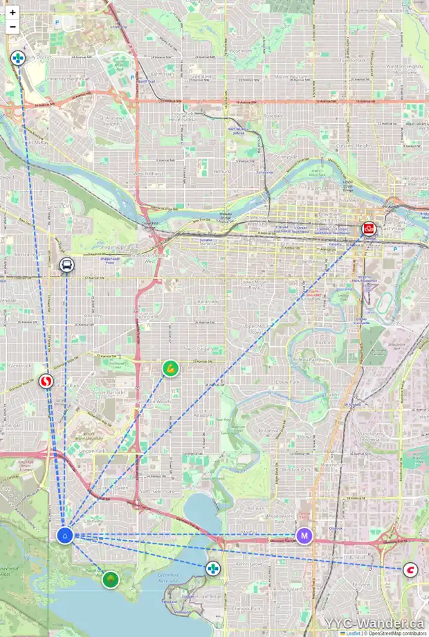 Daily accessibility map for 6515 LONGMOOR WY SW, Calgary showing nearby schools, grocery stores, parks, LRT stations and nearby amenities