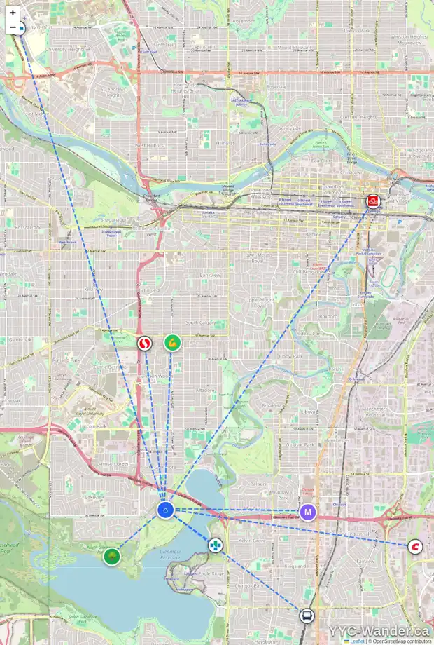 Daily accessibility map for 2303 LONGRIDGE DR SW, Calgary showing nearby schools, grocery stores, parks, LRT stations and nearby amenities