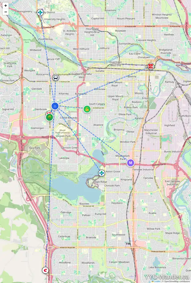 Daily accessibility map for 3212 KILKENNY RD SW, Calgary showing nearby schools, grocery stores, parks, LRT stations and nearby amenities
