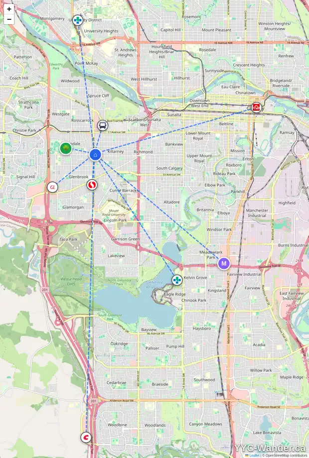Daily accessibility map for 2624 37 ST SW, Calgary showing nearby schools, grocery stores, parks, LRT stations and nearby amenities