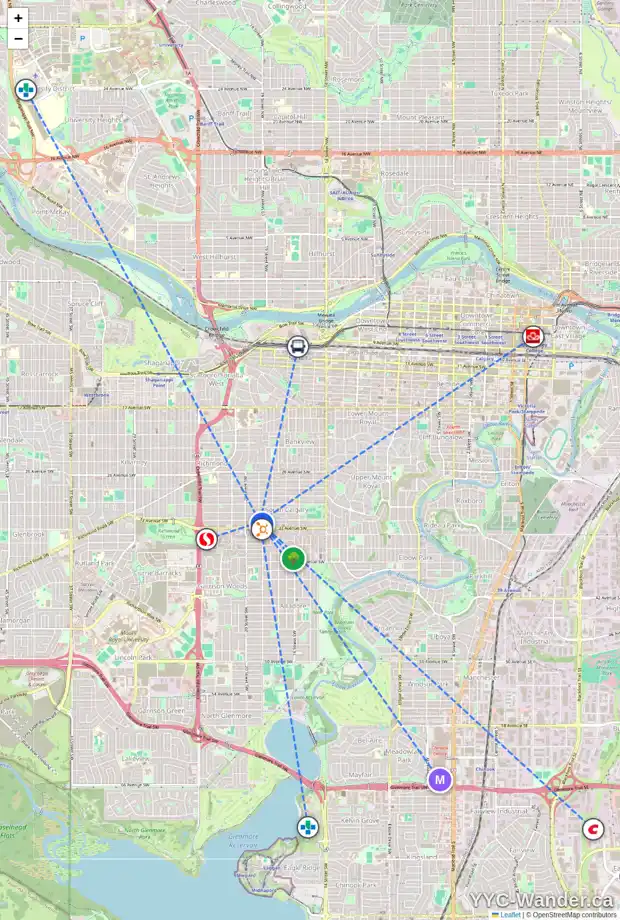 Daily accessibility map for 1937 32 AV SW, Calgary showing nearby schools, grocery stores, parks, LRT stations and nearby amenities