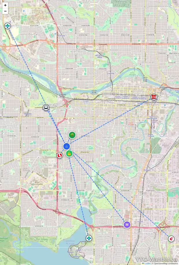 Daily accessibility map for 2207 30 AV SW, Calgary showing nearby schools, grocery stores, parks, LRT stations and nearby amenities