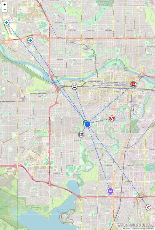 Daily accessibility map for 2918 MONTCALM CR SW, Calgary showing nearby schools, grocery stores, parks, LRT stations and nearby amenities