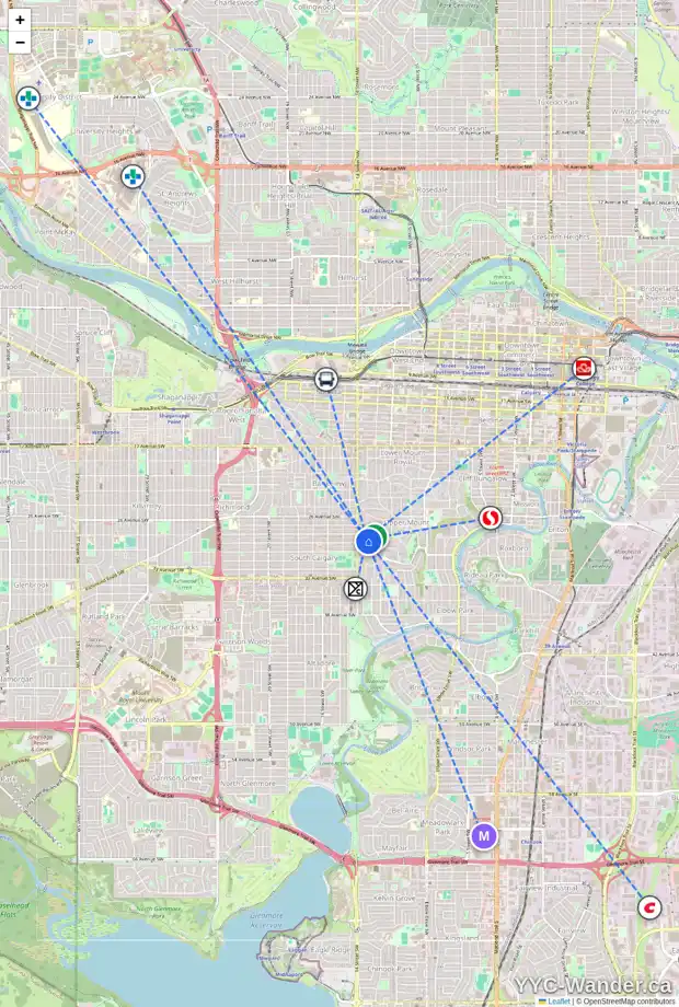 Daily accessibility map for 2929 WOLFE ST SW, Calgary showing nearby schools, grocery stores, parks, LRT stations and nearby amenities