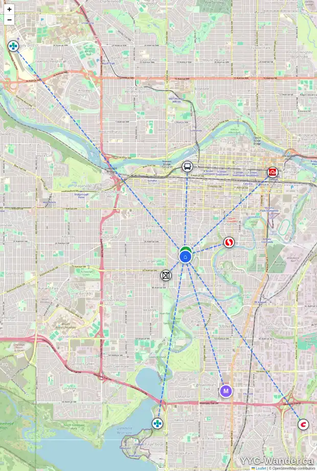 Daily accessibility map for 1106 VALOIS AV SW, Calgary showing nearby schools, grocery stores, parks, LRT stations and nearby amenities