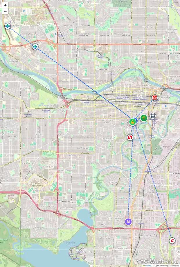 Daily accessibility map for 329 18 AV SW, Calgary showing nearby schools, grocery stores, parks, LRT stations and nearby amenities
