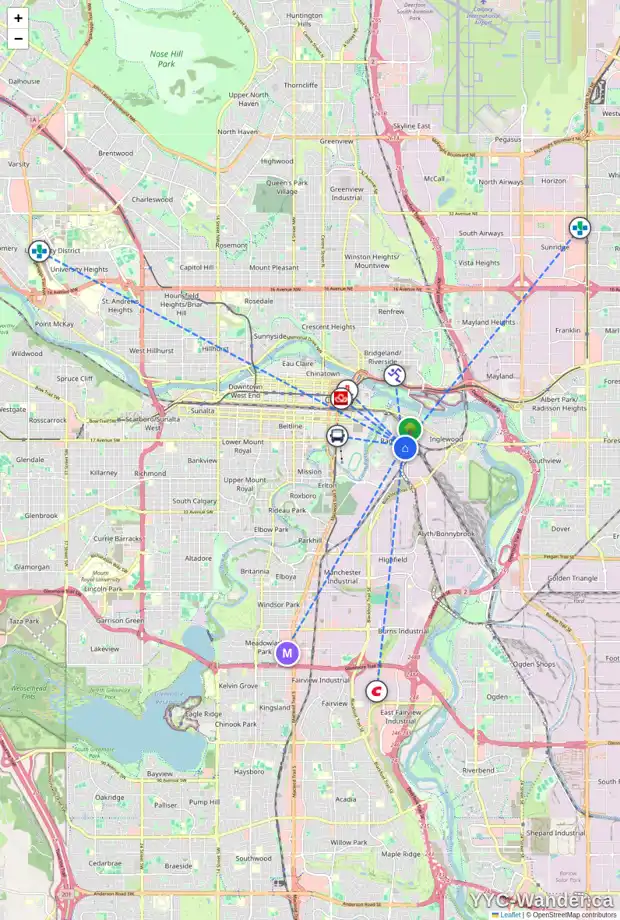 Daily accessibility map for 1029 18 AV SE, Calgary showing nearby schools, grocery stores, parks, LRT stations and nearby amenities