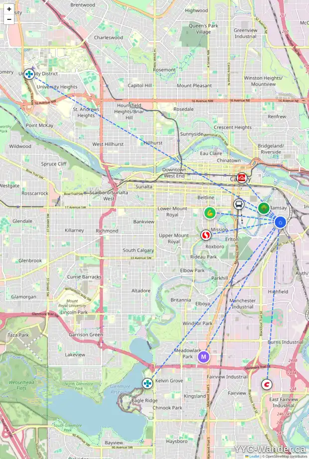 Daily accessibility map for 2116 8 ST SE, Calgary showing nearby schools, grocery stores, parks, LRT stations and nearby amenities