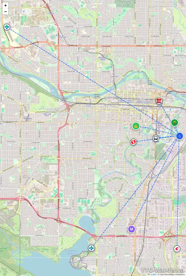 Daily accessibility map for 705 23 AV SE, Calgary showing nearby schools, grocery stores, parks, LRT stations and nearby amenities